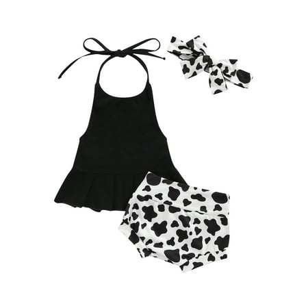 

wdehow Infant Baby Girls Casual Suit Solid Color Sleeveless Backless Halter Tops+Printed Shorts+Bow Headband