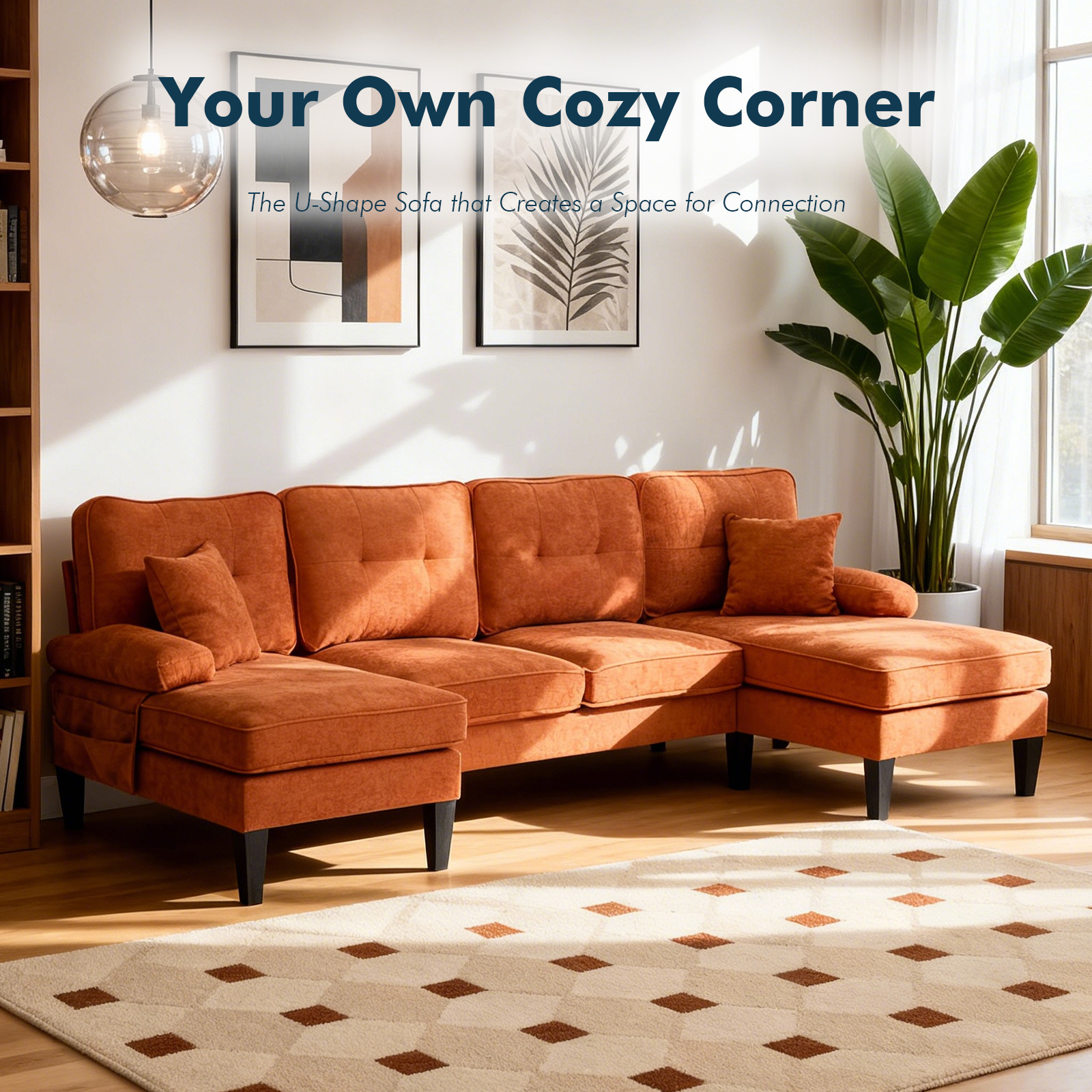MOONMISS U-Shaped Sectional Sofa, 4 Seater Sectional Couch with Chaise, Modular Sleeper Sectionals for Living Room-Orange