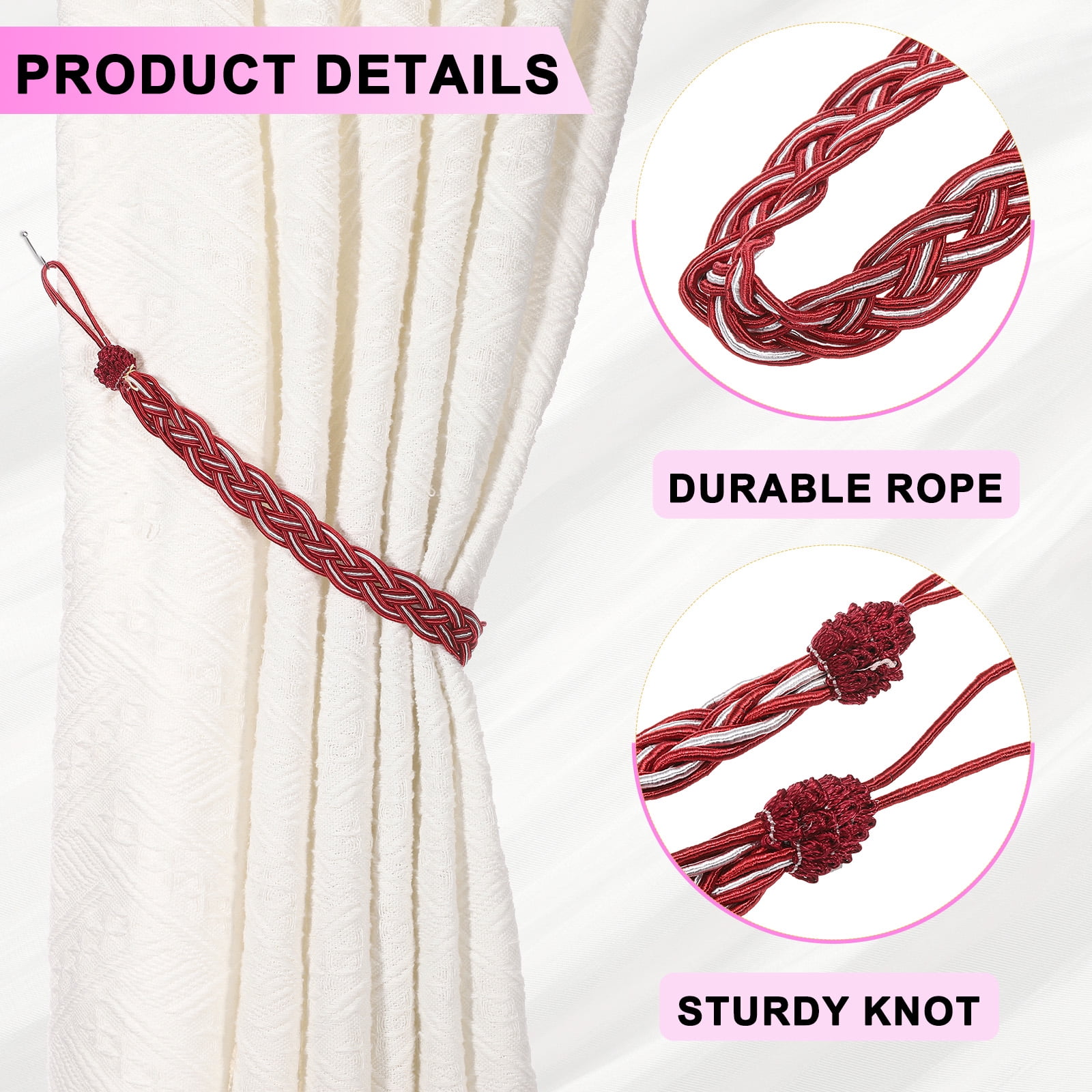 Unique Bargains Curtain Tiebacks Braided Drapery Holdback Wine Red 24" 4 Pcs