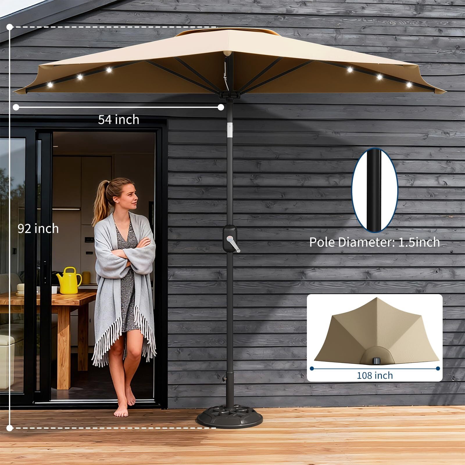 Emorefun 9ft Half Umbrella for Patio, Canopy Umbrella with Solar LED Lights and Crank Lift, Tan