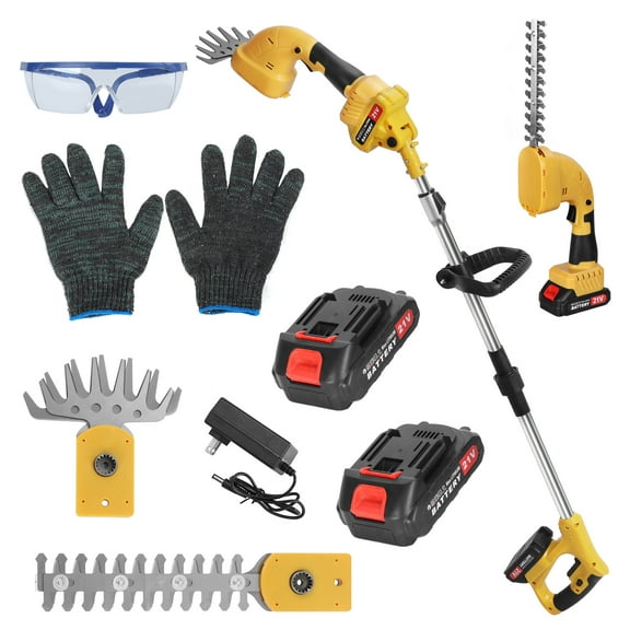 Jnismy 2 in 1 Cordless Pole Mini Hedge Trimmer & Grass Shear with Extension Pole,21v Electric Hedge Trimmer with Battery and Charger,Yellow