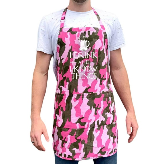 ApronMen, Funny Aprons for Men - I Drink and I Know Things - 100% Cotton with Pockets - Pink Camo
