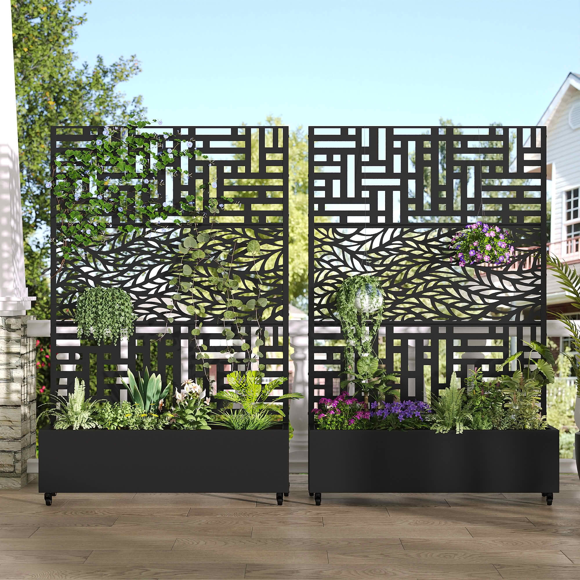 MAYEERTY Black Metal Planter Box with Trellis, Outdoor Garden Patio, 72×47×16in
