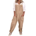thumbnail image 6 of Wide Leg Jumpsuits for Women Casual Cotton Patchwork Adjustable Straps Sleeveless Print Cute Linen Rompers with Pocket Khaki M, 6 of 8