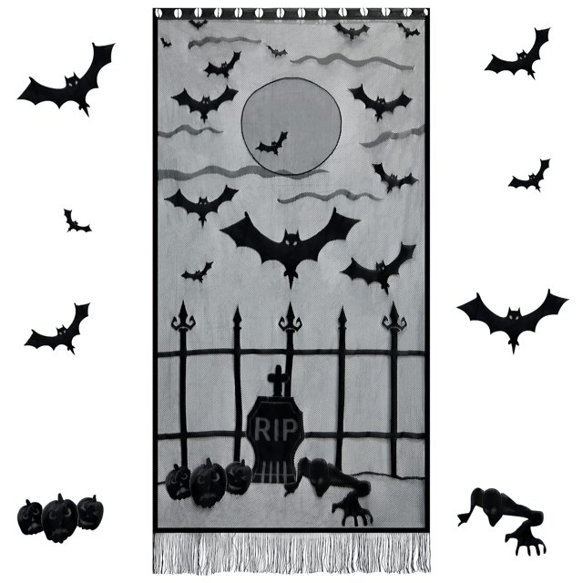 2 cortinas de encaje negras con forma de murciélago y telaraña para Halloween, decoración de puerta espeluznante para fiesta de Halloween, decoración del hogar (40 x 84 pulgadas/101 x 213 cm)