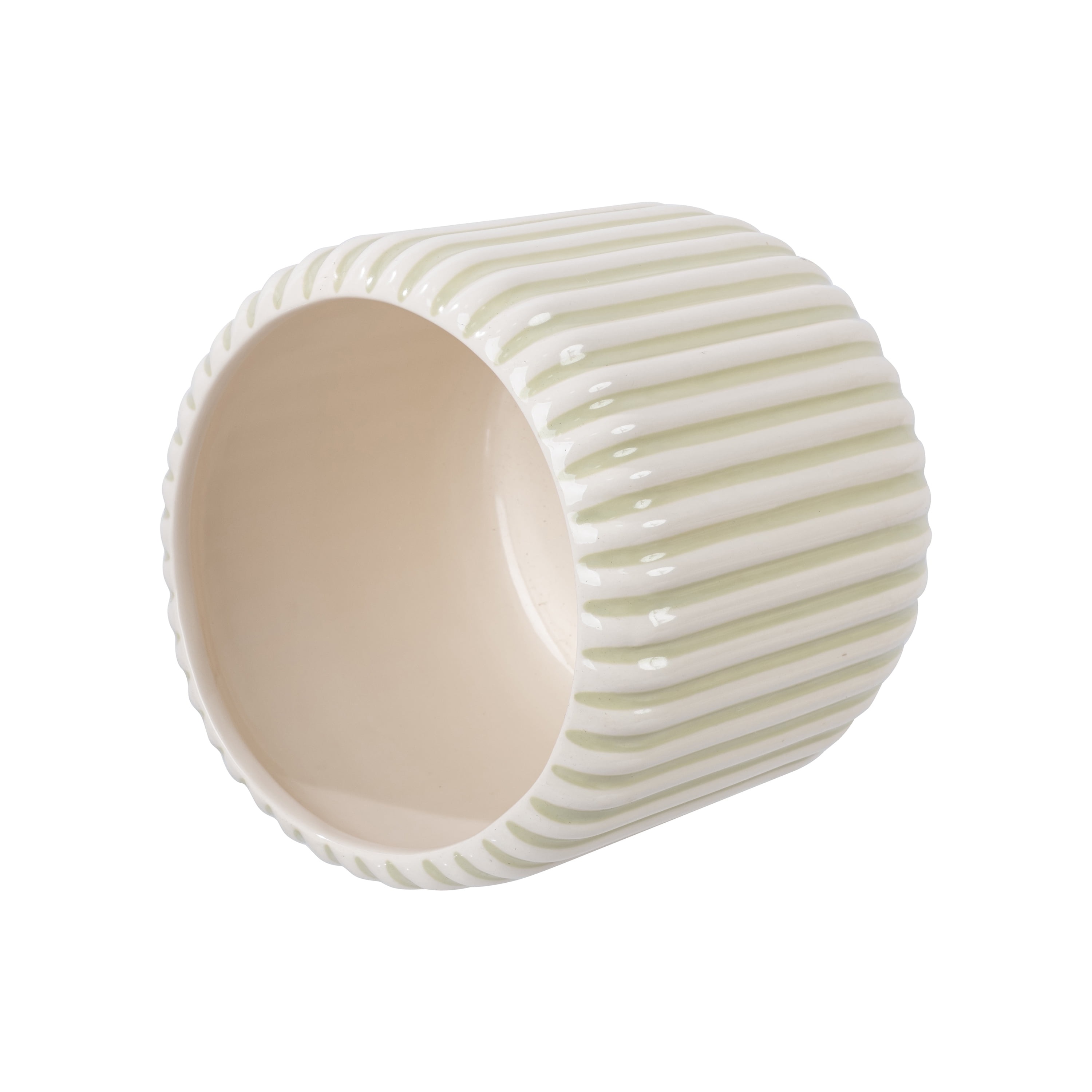 Beautiful 8" Soft Sage Stripe Ceramic Planter by Drew Barrymore