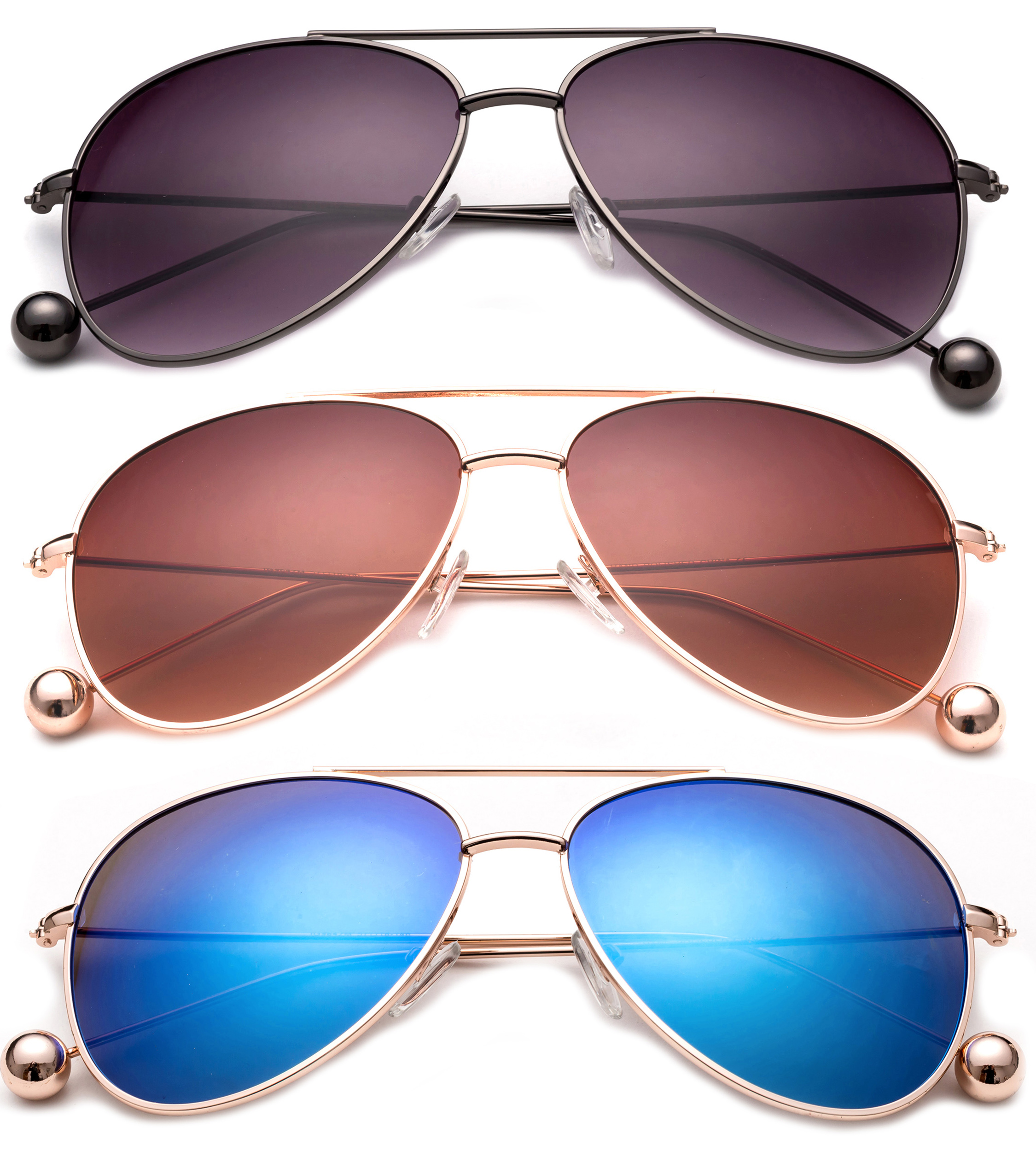 3 Pack Aviator Metal Frame Metal Ball Tip Fashion Sunglasses for Women for Men, Black Smoke, Gunmetal, Brown & Blue - image 1 of 2