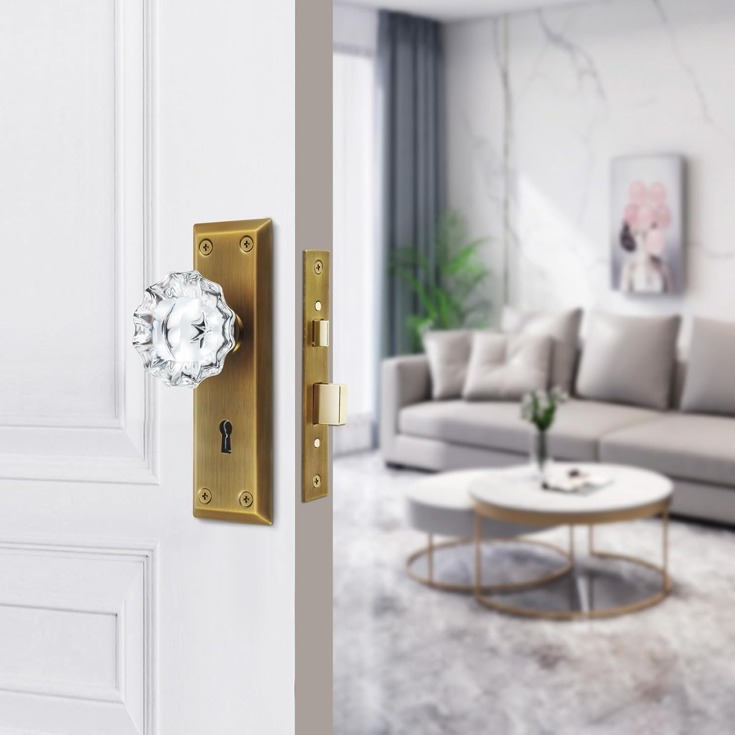 Upgraded Mortise Lock Set for Interior Door, Antique Brass Crystal Glass Door Knobs with Lock and Skeleton Key, Old Style Door Knobs Reversible for Left & Right Handed Door