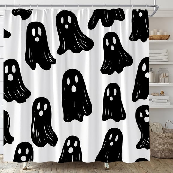 Halloween Ghost Shower Curtain Funny Spooky Black White Horror Ghost Kids Goth Cute Fabric Bathroom Curtain Decor Bath Set with Hooks(36" WX70 H)