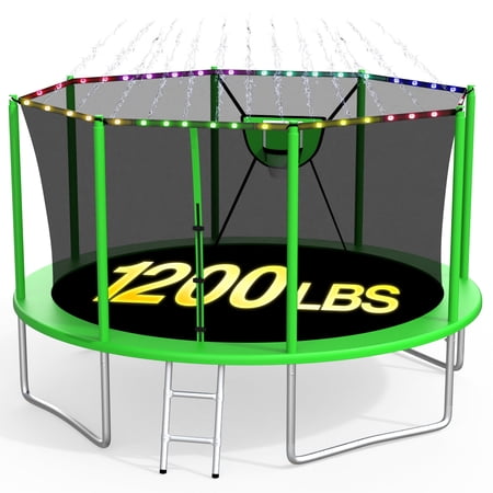XMIKA Trampoline 1200LBS 12FT Trampolines for Kids Adults Trampoline with Safety Enclosure Net Outdoor Backyard Trampolines with Basketball Hoop LED Light Sprinkler and Ladder Heavy Duty