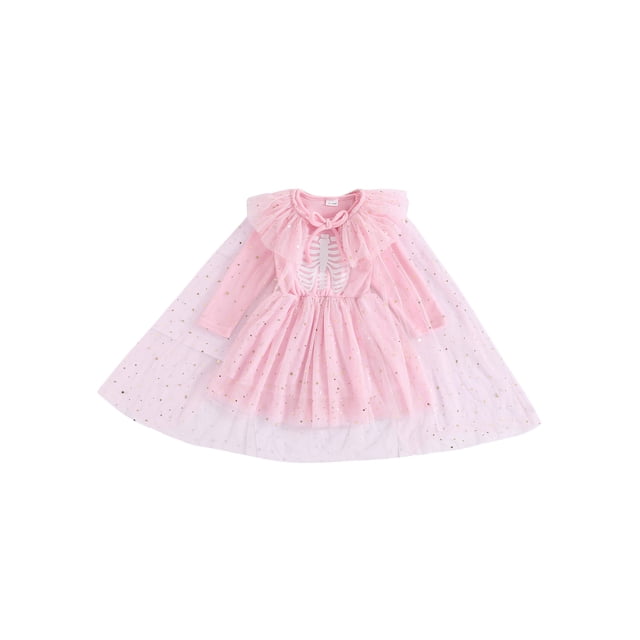 Gupgi Ensemble de Robes d'Halloween pour Filles, 1 2 3 4 5 6 Ans Robe à Manches Longues Imprimé Squelette + Châle en Tulle à Sequins