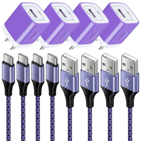 Phone Chargers for Android Phone,HopePow 4Pack 1A/5V Usb Wall Charger Block Adapter Plug with 4Pack High Speed USB C Type C Charger Fast Charging Cables 6ft Phone Cords Type C,Purple
