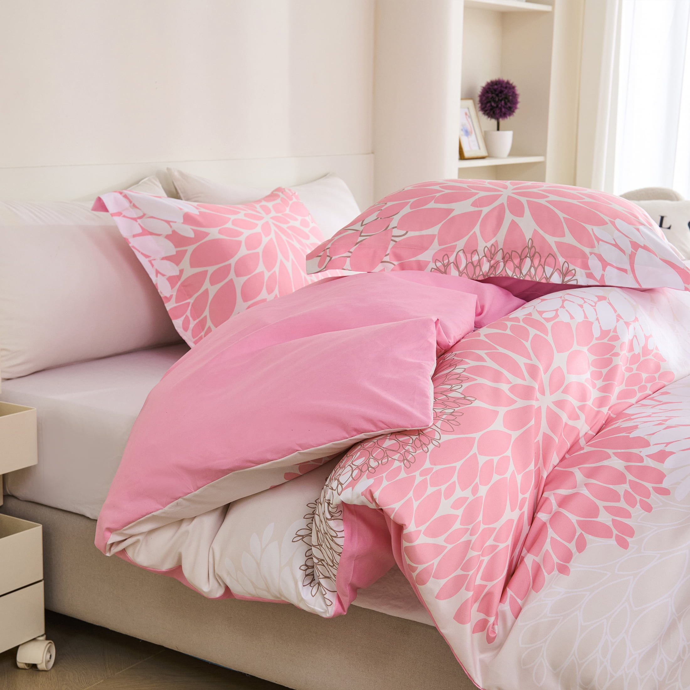 Koniroom 3 Pieces Pink Duvet Cover Full Size, Beige Reversible Floral Duvet Cover Full With Cute Flowers for Women Teen Girls