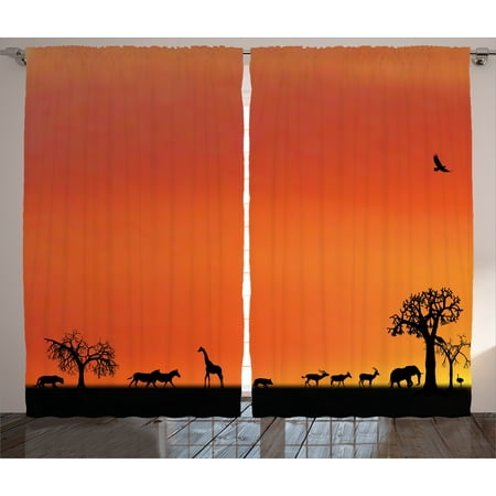Orange Bedroom Set Wildlife Decor Curtains 2 Panels Set, Panorama of Safari Animals Gulls Reflections in Background at Sunset, Window Drapes for Living Room Bedroom, 108W X 90L Inches, Burnt Orange Black, by Ambesonne ()
