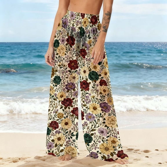 qelini Womens Bohemian Pants High Waist Chiffon Wide Leg Flowy Pants Holiday Beach Print Casual Pants