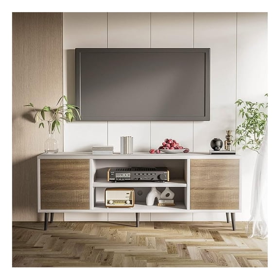 TV Stand for 65 Inch TV, Century Modern TV Stand, Entertainment Center with Storage Cabinet and Open Shelves, TV Console Table Media Cabinet for Living Room, and Bedroom (Oak)