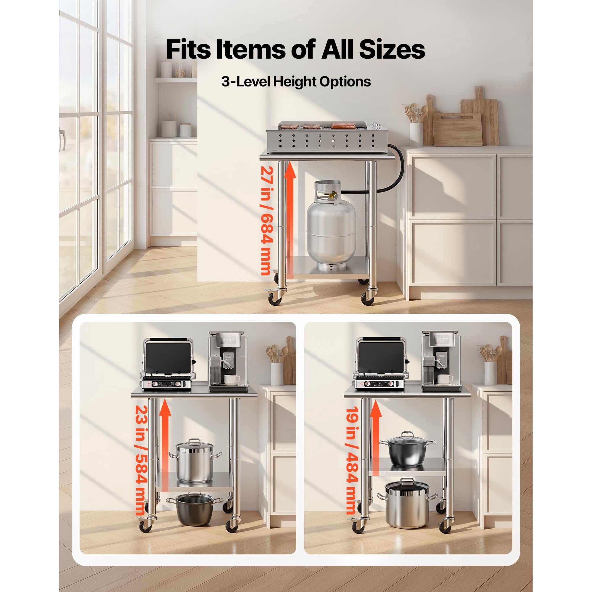 KFFKFF Stainless Steel Work Table, 24x30 inch Food Prep Station with Wheels and Backsplash, Adjustable Undershelf Metal Utility Table for Kitchen, Home, Restaurant, or Outdoor Use
