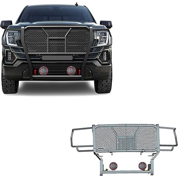 Black Horse RUGGED Heavy Duty Grille Brush Bumper Guard Modular Black Come With Pair of 5.3" Dia.LED Lights with Red Trim Rings Compatible with 2019-2021 GMC Sierra 1500-RU-GMSI19-B-PLFR
