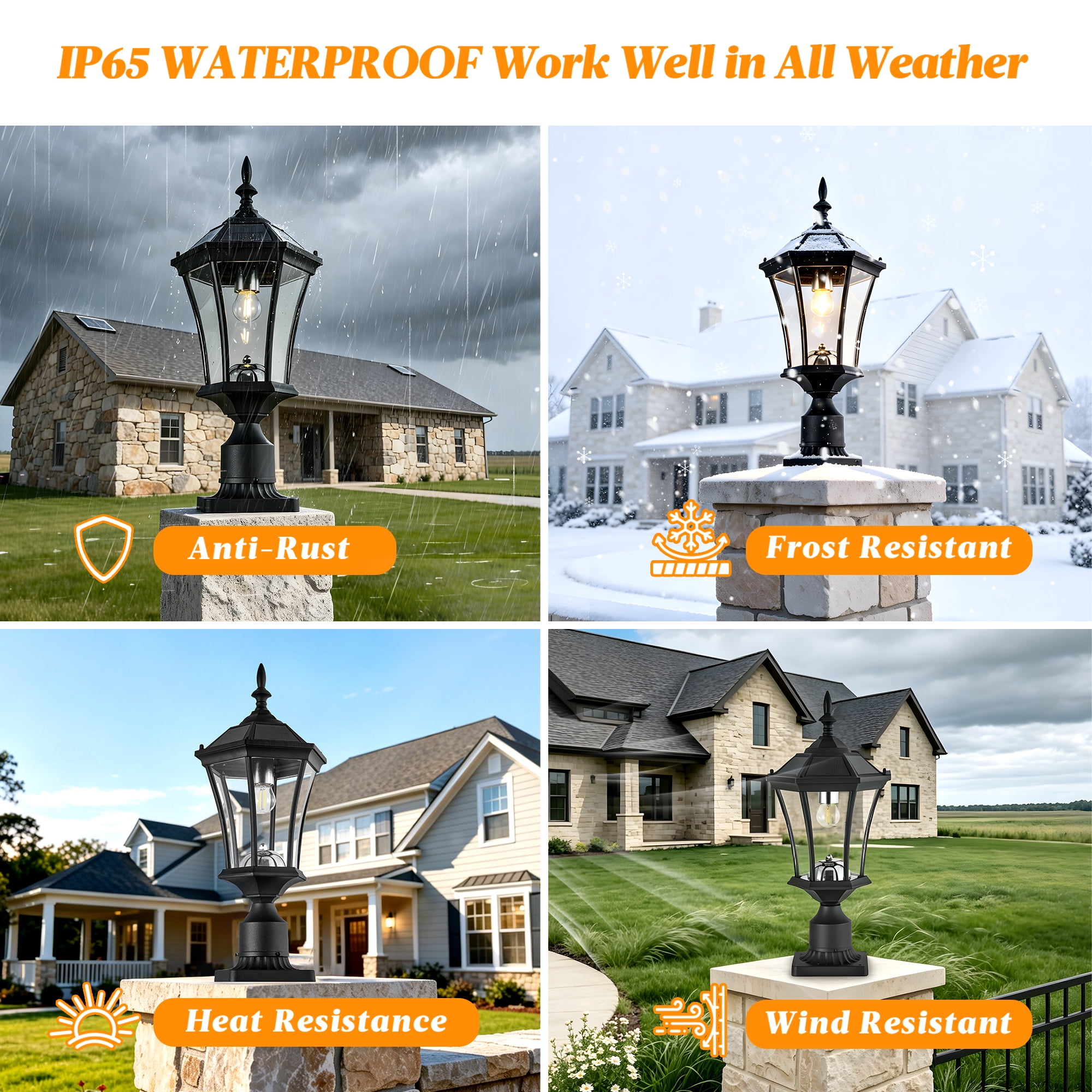 Solar Post Light with Dusk to Dawn Sensor and Pier Mount Base, Black Lantern for Yard, Garden, and Pathway, Black