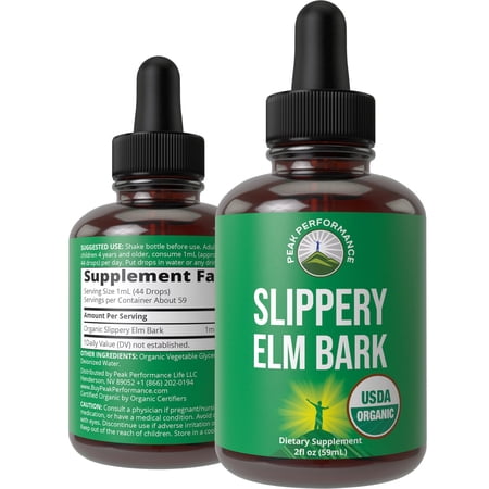 Peak Performance Slippery Elm Bark Liquid Extract USDA Organic Vegan Gluten-Free Zero Sugar High Bioavailability for Sore Throat & Stomach