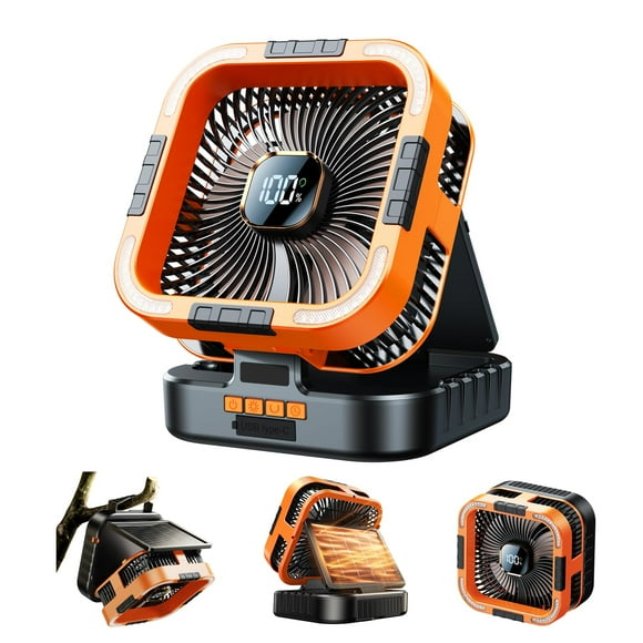 Ventilador solar para acampar KIMMOO de 10000 mAh con luz, 6 velocidades, temporizador