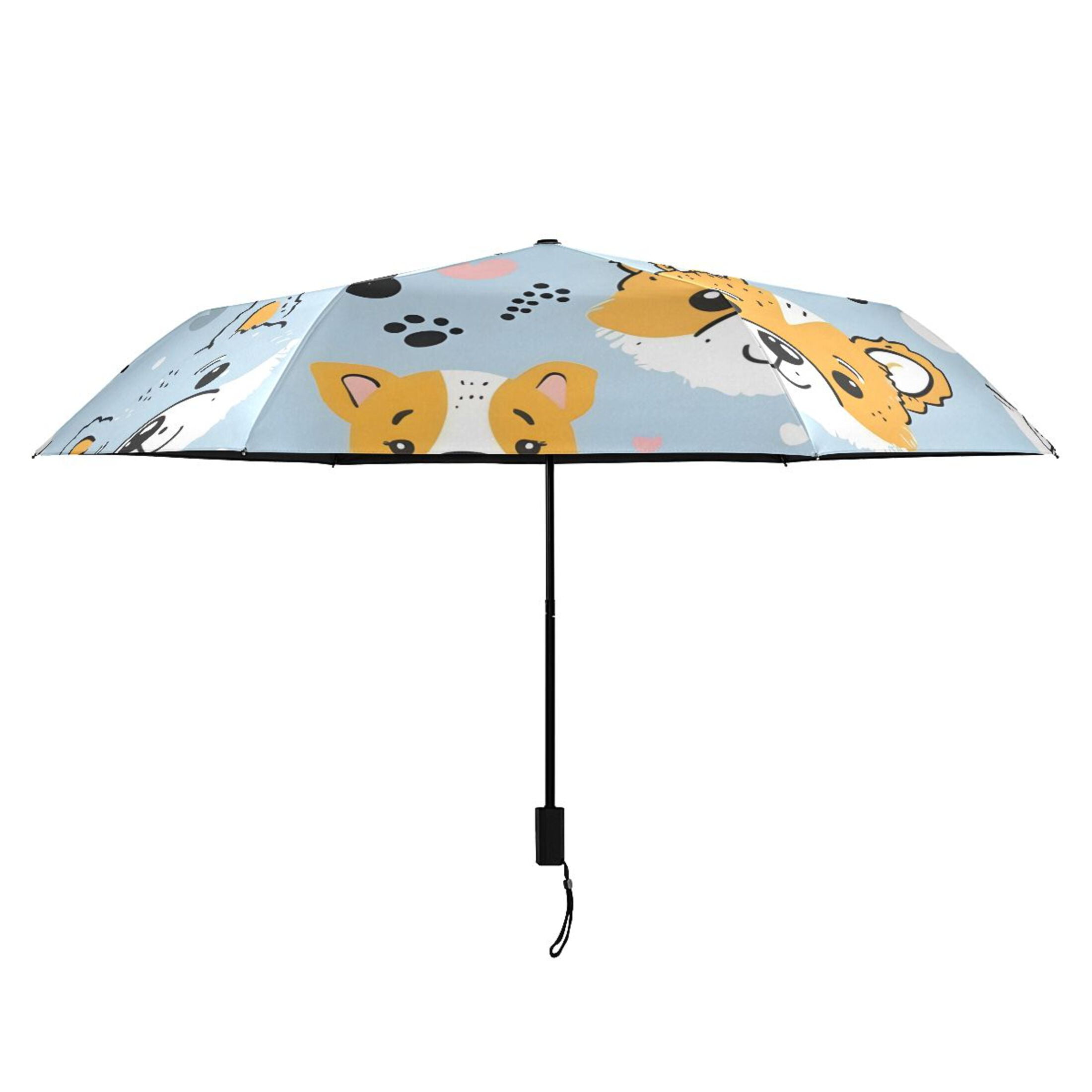 Cute Doodle Dogs Paw Prints Hearts All Weather Umbrella Triple Folding Parasol 6 Ribs UV Protection Portable