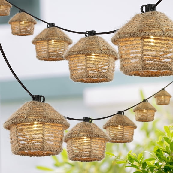 JONATHAN Y Maui 10-Light Indoor/Outdoor 10 ft. Mid-Century Vintage LED G40 Tiki Hut Hemp Rope Shaded String Lights, Brown