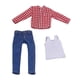 thumbnail image 1 of Ropa para figura masculina a escala 1/12: chaleco, camisa y vaqueros. Accesorios: disfraz clásico para hombre. Cuadrícula roja, 1 of 9