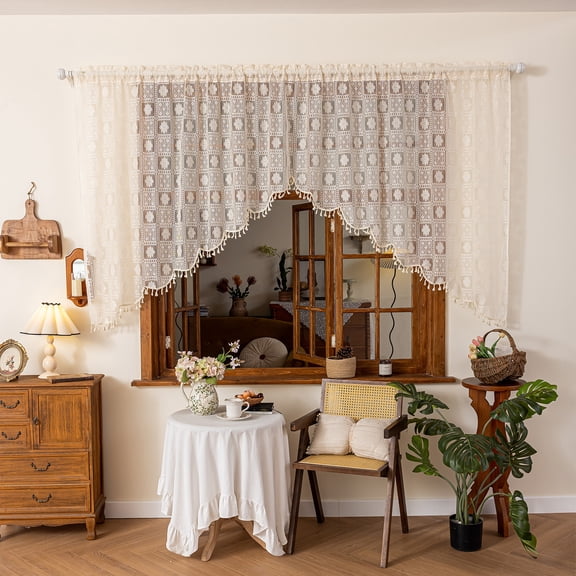 Sunyuer 1 Panel Lace Swag Curtains for Kitchen, Sheer Floral Embroidery Window Valances Hollow Knitted Home Decor Lace Valance Curtains for Living Room Bathroom Cafe Small Windows