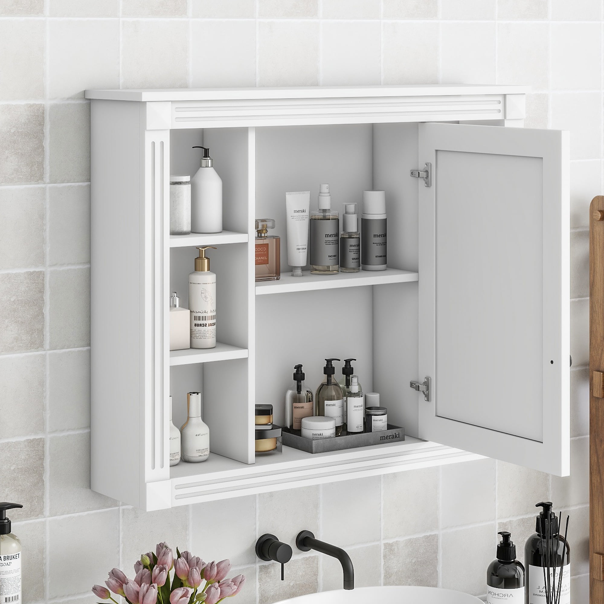 35'' x 28'' Wall Mounted Bathroom Storage Cabinet, White Medicine Cabinetwith Mirror, Mirror Cabinet and 6 Open Shelves