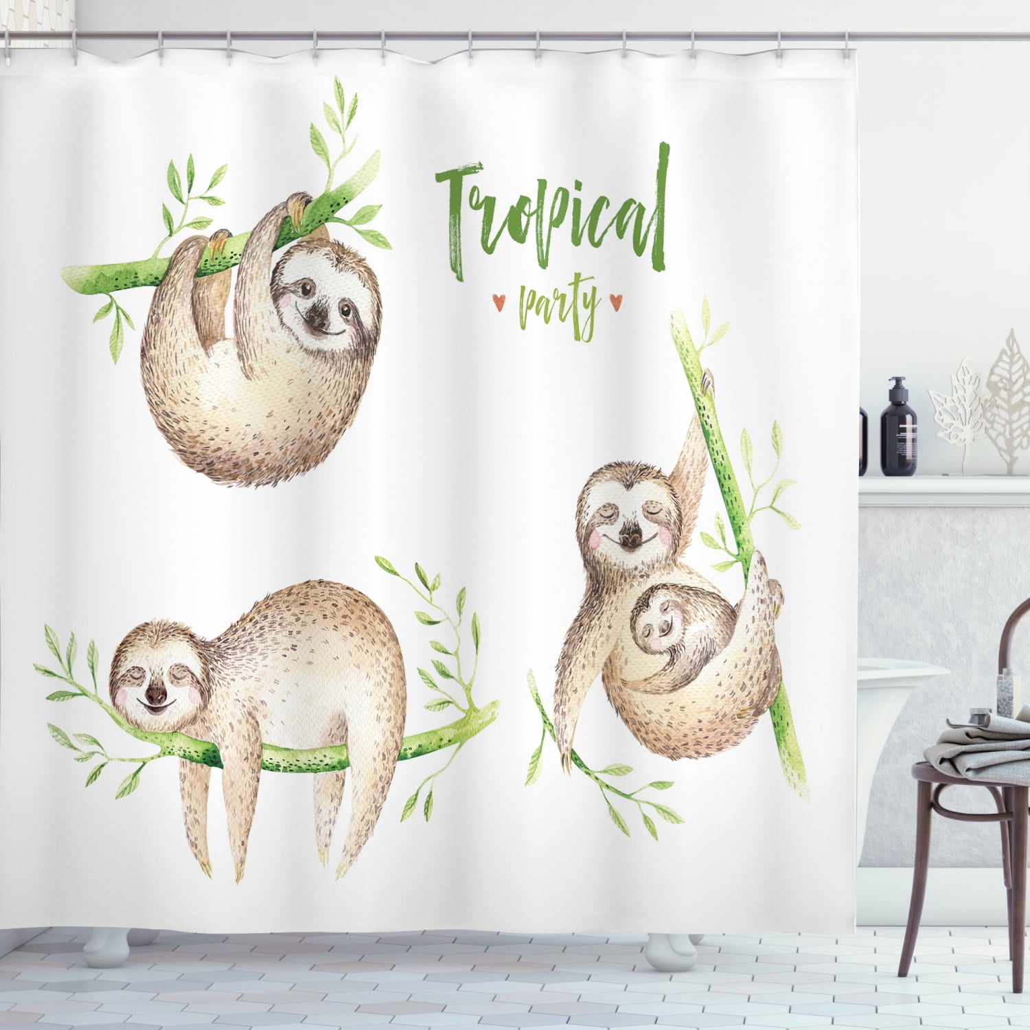 71X71"  Cute Sloth Baby Tropical Trees Fabric Shower Curtain Polyester Liner Mat 
