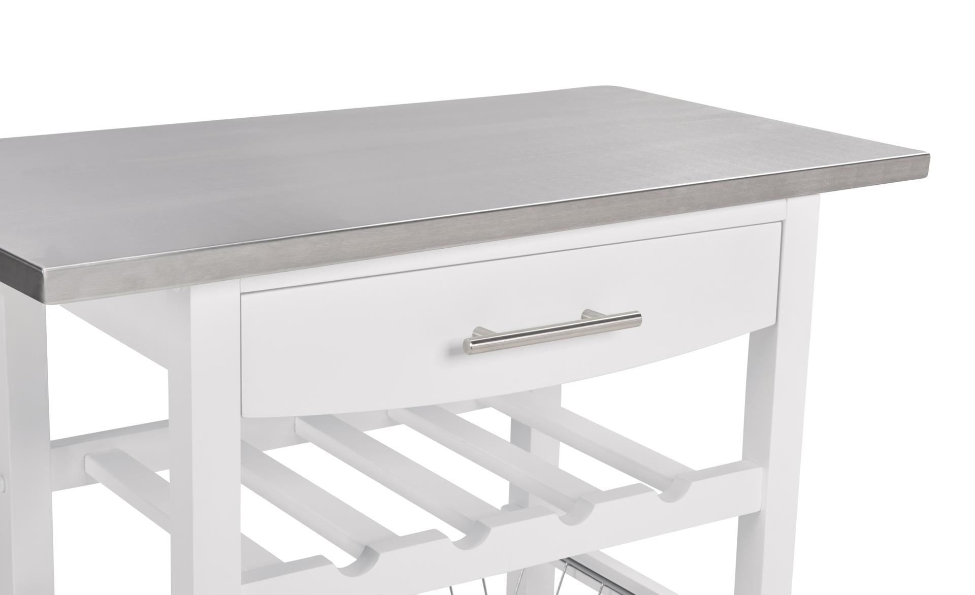Lisonu Mobile Kitchen Island Cart with Stainless Steel Countertop, Rolling Serving Trolley with Drawer and Storage Basket, White