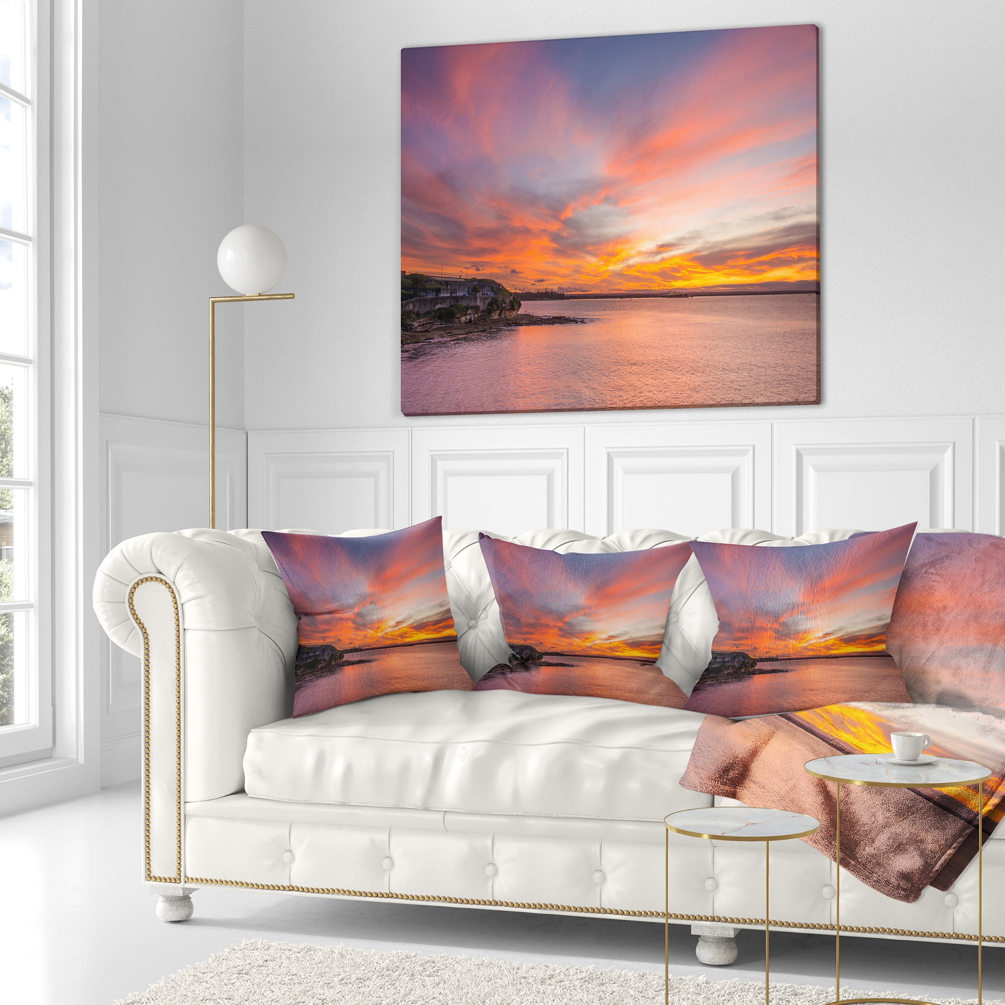 Designart Calm Sydney Beach with Yellow Sky - Seashore Throw Pillow - 16x16