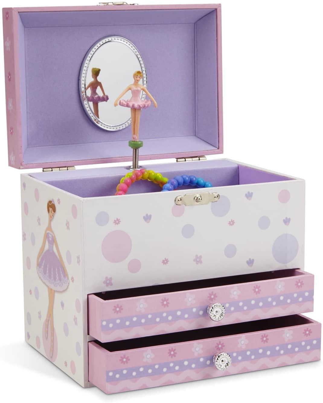 Jewelkeeper White and Purple Ballerina Musical Jewelry Box with 2 Pullout Drawers, Swan