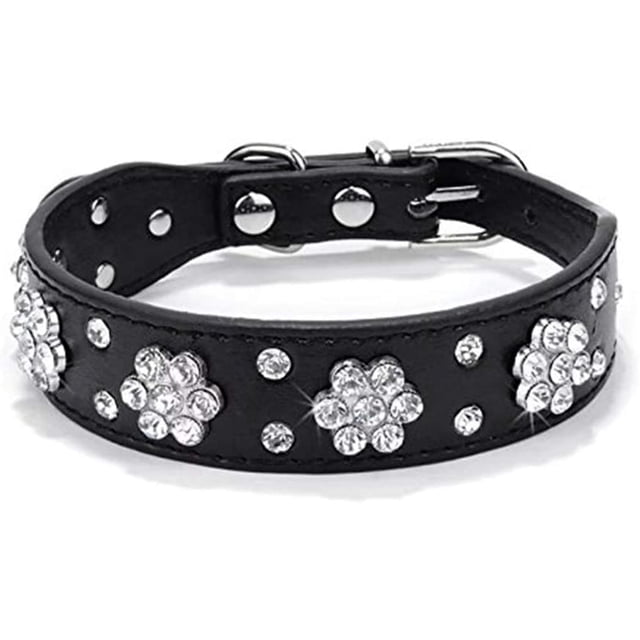 Collar para perro con pedrería - Piel sintética - Talla ajustable - Tallas S, M, L - Negro