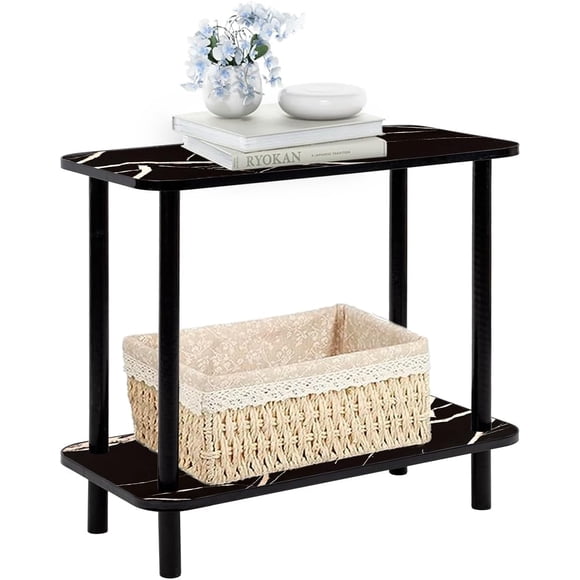 Mesa Centro Lateral Minimalista Madera Doble Repisa 60cm Color Negro Marmoliado