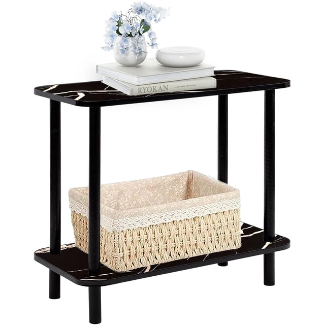 Mesa Centro Lateral Minimalista Madera Doble Repisa 60cm Color Negro Marmoliado