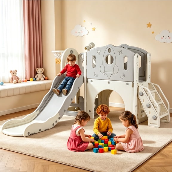6 in 1 Toddler Slide, Grey Rocket Series Sturdy Kid Slide Outdoor Indoor Playset Slide Baby Climber Playset for Kids Age 1-4 Toy Playground