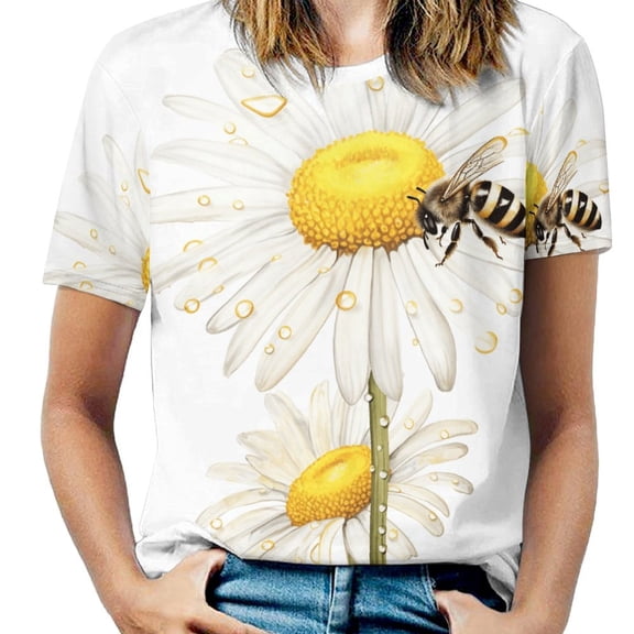 Bee And Flowers T-Shirts Casual T-Shirt Short Sleeve Women Trendy Tshirt Beach Custom Tops