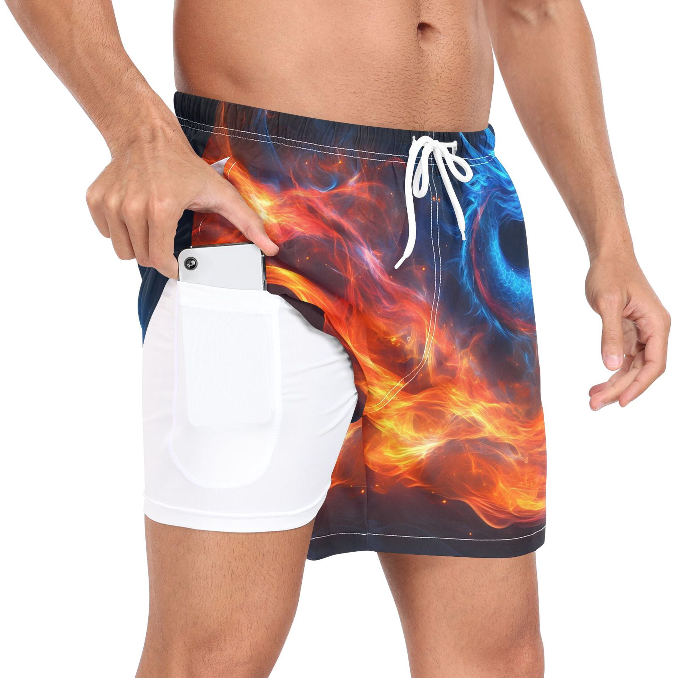 joogoo Men's Fire Dragon Swim Trunks with Liner Pocket Beach Shorts Medium