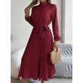 thumbnail image 3 of Deago Women's Spring Fall Maxi Dress Long Sleeve Pleated Casual Mock Neck Elegant A Line Flowy Long Dresses with Belt (Red, XL), 3 of 9