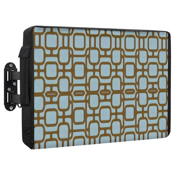 Teal Rounded Squares Waterproof Outdoor TV Cover, Vintage Minimalist Abstract Art Symmetric Plaid Outside Weatherproof TV Enclosures for 60 to 65 Inch LCD Television Shield Flat Screen Protectors