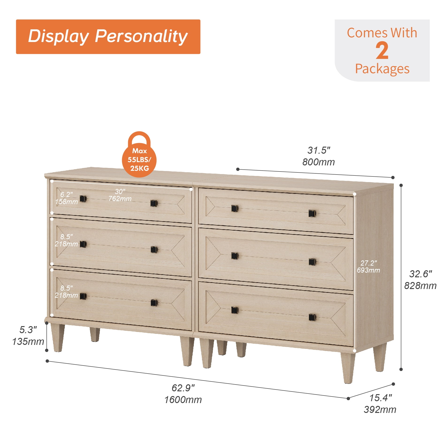 WAMPAT Handmade Patchwork Set of 2 3-Drawer Nightstands, Beige
