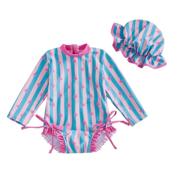 Gerichy Toddler Girl Swimsuit,Girls Bathing Suit Girls Two Piece Rash Guard Swimsuits Set With Swim Trunk Kids Long Sleeve Bathing Suit Swimwear Set