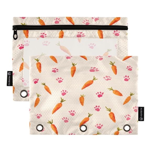 2 Pack 3 Ring Binder Pouch with Clear PVC Window Water Resistant Zipper Pencil Pouch Carrot Paw Prints Pattern Binder Pocket for Classroom Office Home Stationery Organization