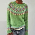 thumbnail image 2 of Baqcunre Womens Knitted Patchwork Print Retro Sweater Casual Loose Crewneck Long Sleeve Lightweight Cropped Pullover Tops for Women, 1PC Top Green M, 2 of 8