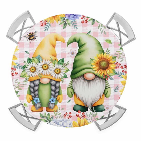 Elastic Fitted Round Tablecloth, Sunflowers Waterproof Stretch Table Cover for 36"-44" Tables, Spring Gnomes Hydrangea Daisy Flowers Pink Plaid Washable Outdoor Tablecloths for Patio, Picnic, Camping