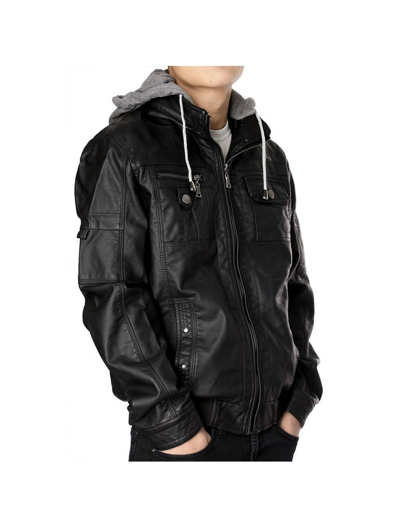 Men's Faux Leather Hooded Motorcycle Bomber Jacket with Removable