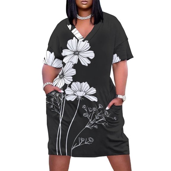 Black And White Ink Flower Summer Sundress for Curve Women Casual Pattern Plus Size V Neck Short Sleeve Loose Fit Oversize Dresses