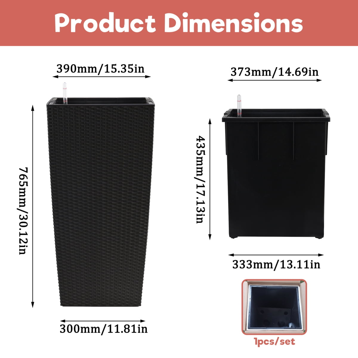 Set of 2 30 Inch Tall Large Flower Pots Self Watering Planters with Drain Holes Water Level Monitor Inner Bucket Black
